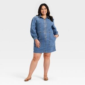 NWT Blue Medium Wash Long Puff Sleeve Denim Dress Size 2X